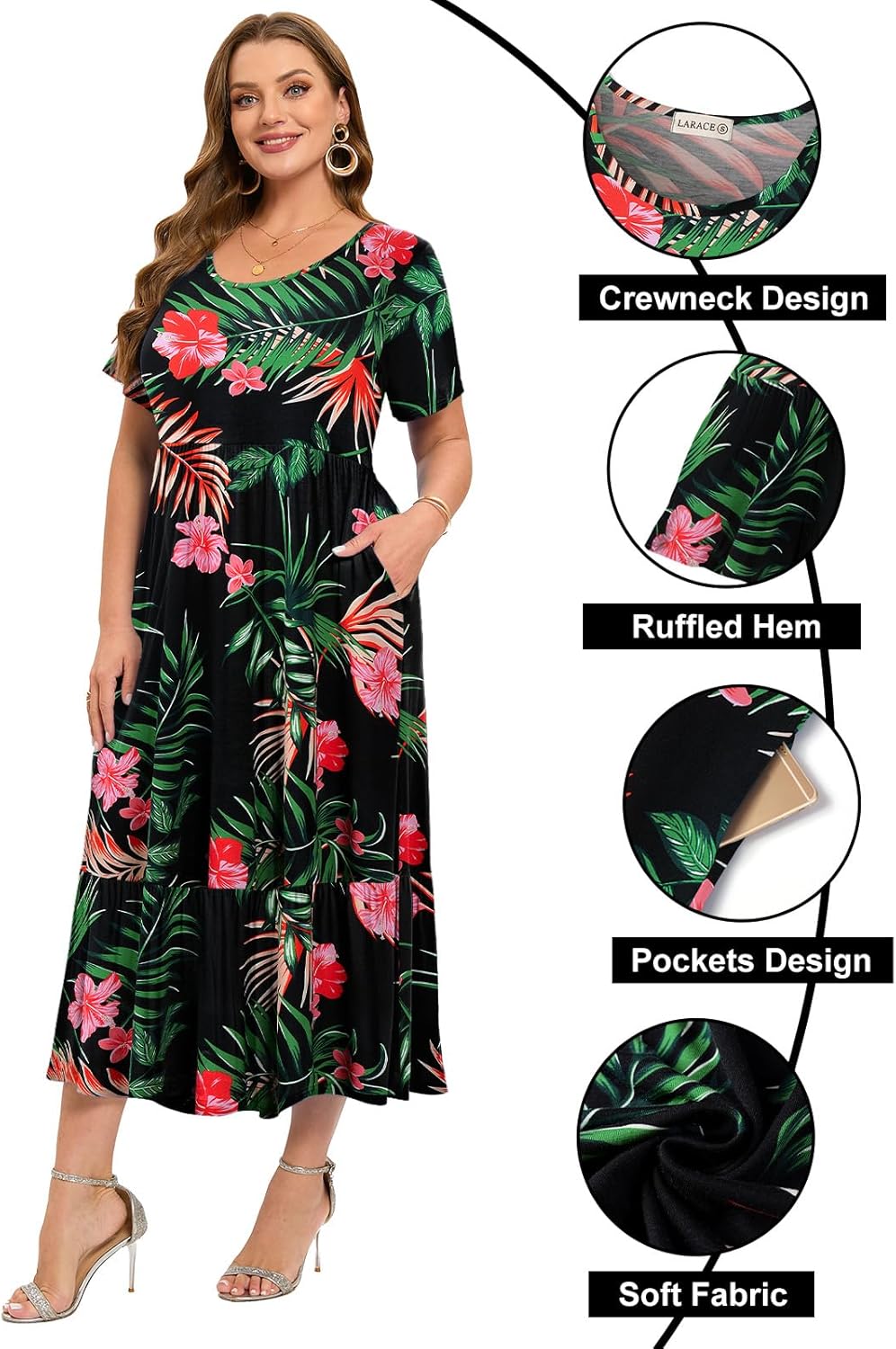 LARACE Plus Size Dresses for Women Summer Casual Short Sleeve Long Dress Flowy Maxi Beach Dresses with Pockets L-6XL