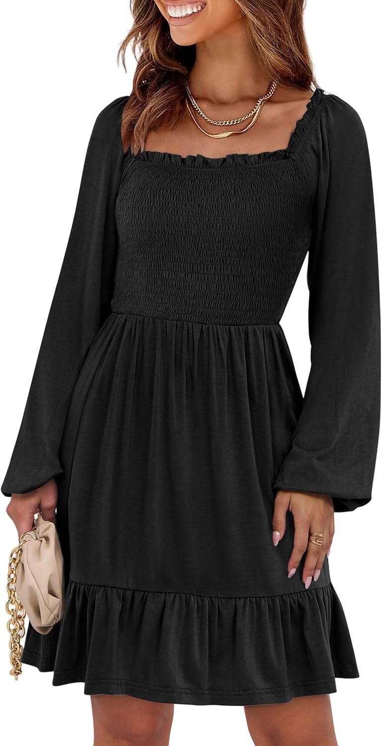 Womens Long Lantern Sleeve Square Neck Dress Smocked Tiered High Waist Ruffle Flowy Swing 2025