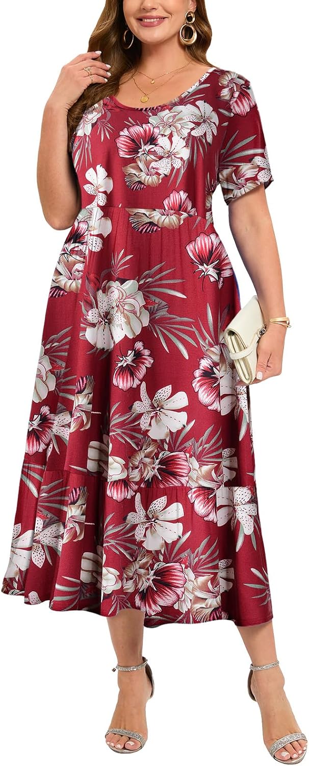 LARACE Plus Size Dresses for Women Summer Casual Short Sleeve Long Dress Flowy Maxi Beach Dresses with Pockets L-6XL