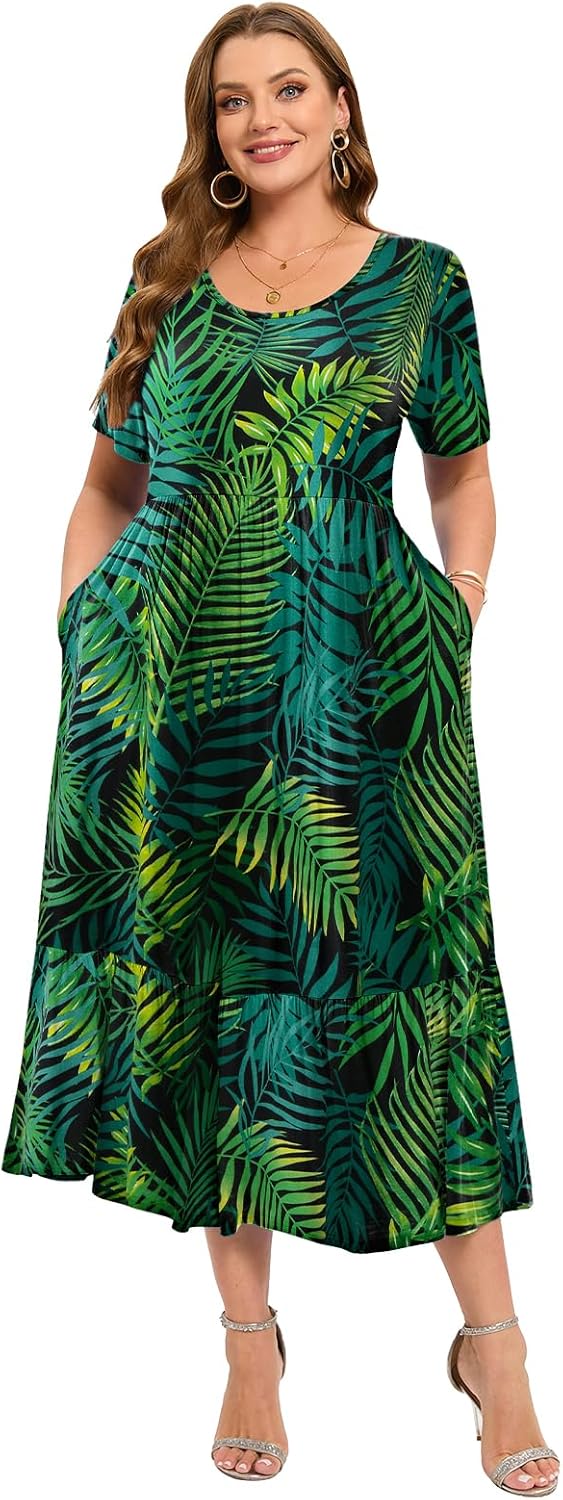 LARACE Plus Size Dresses for Women Summer Casual Short Sleeve Long Dress Flowy Maxi Beach Dresses with Pockets L-6XL