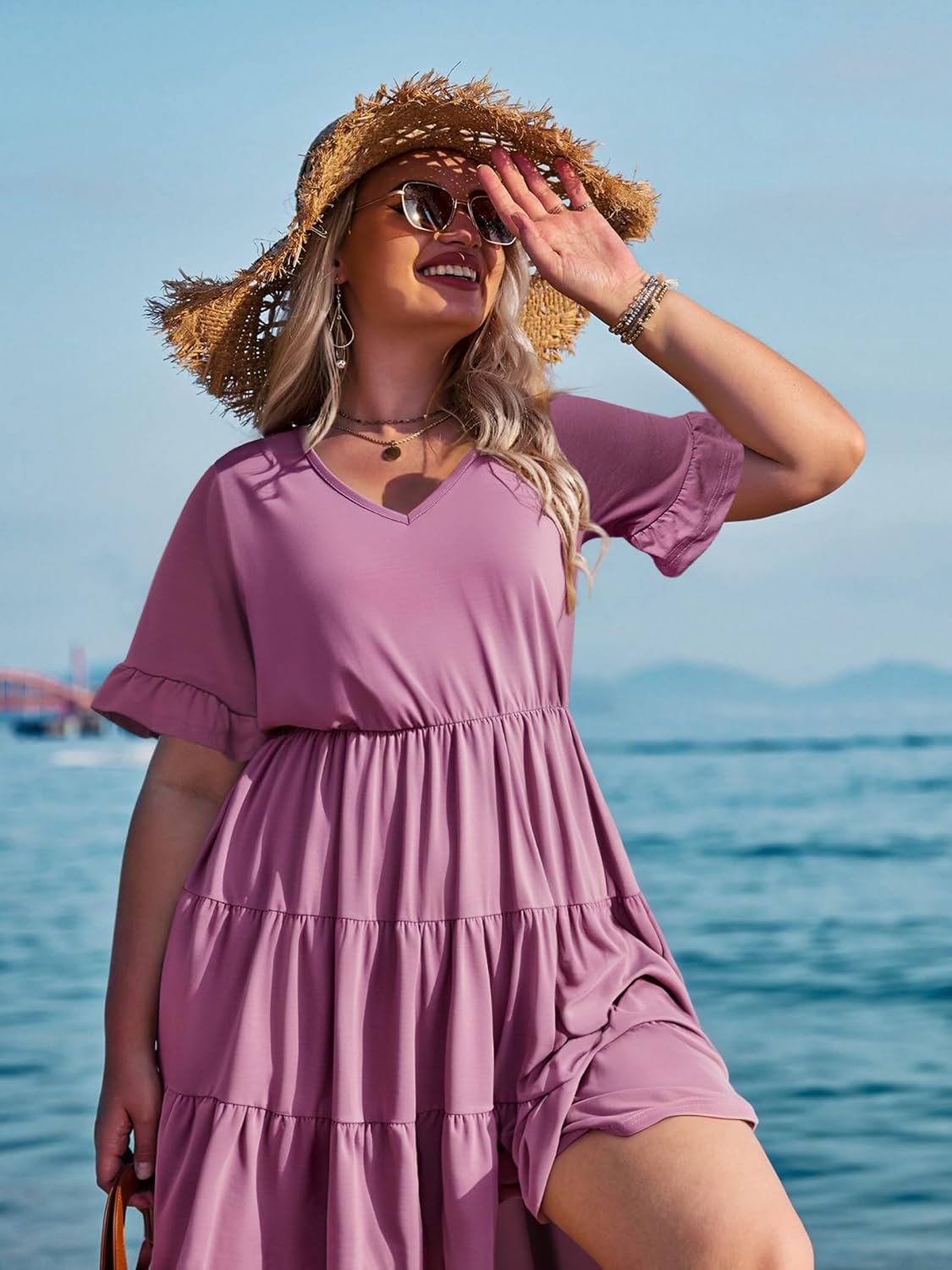 Womens Plus Size Short Sleeve Dress Summer Midi Casual Tiered V-Neck Aline Flowy Loose Dresses