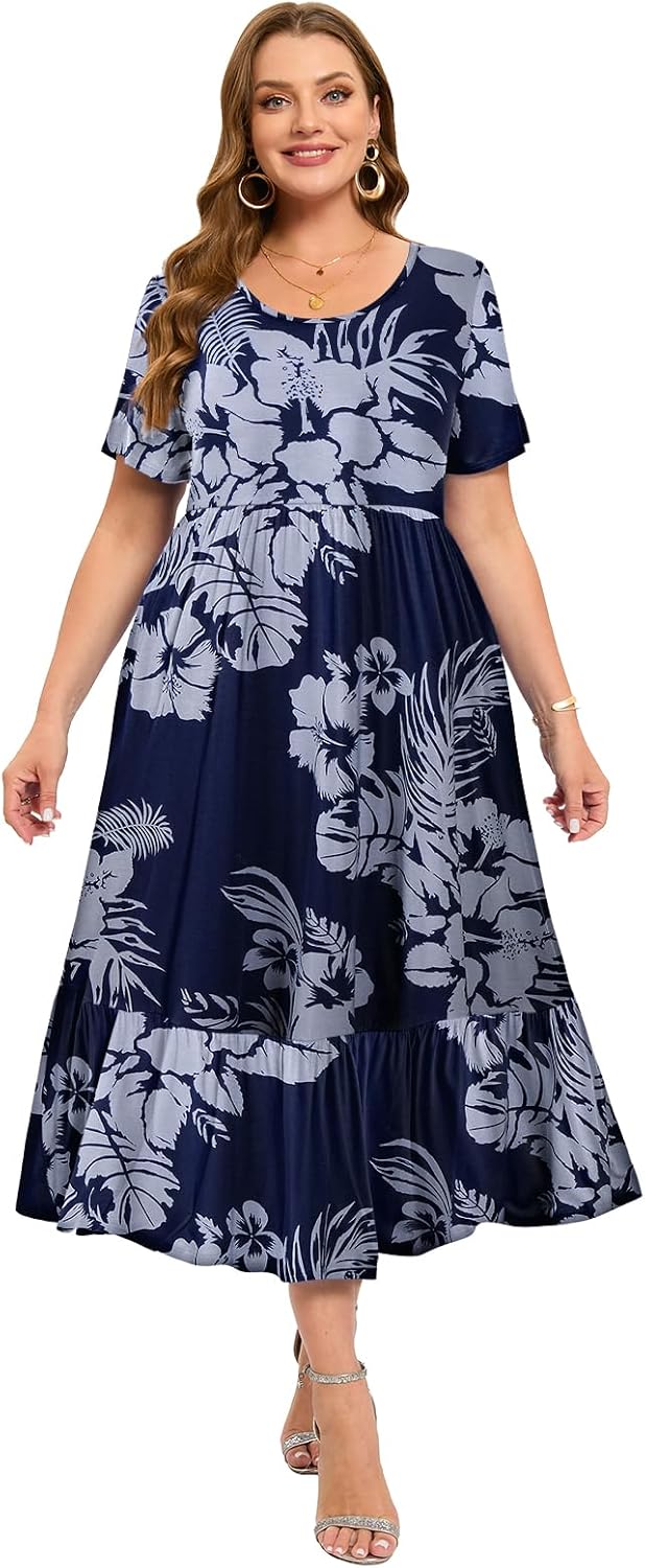 LARACE Plus Size Dresses for Women Summer Casual Short Sleeve Long Dress Flowy Maxi Beach Dresses with Pockets L-6XL
