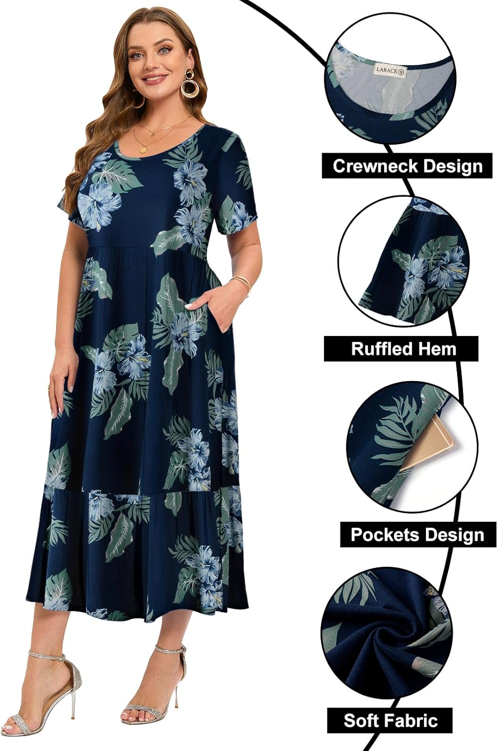 LARACE Plus Size Dresses for Women Summer Casual Short Sleeve Long Dress Flowy Maxi Beach Dresses with Pockets L-6XL