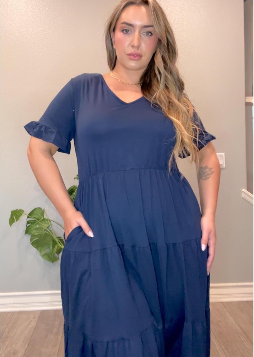 Womens Plus Size Short Sleeve Dress Summer Midi Casual Tiered V-Neck Aline Flowy Loose Dresses