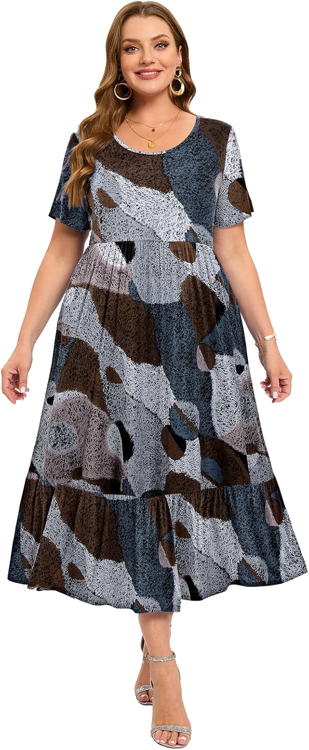 LARACE Plus Size Dresses for Women Summer Casual Short Sleeve Long Dress Flowy Maxi Beach Dresses with Pockets L-6XL