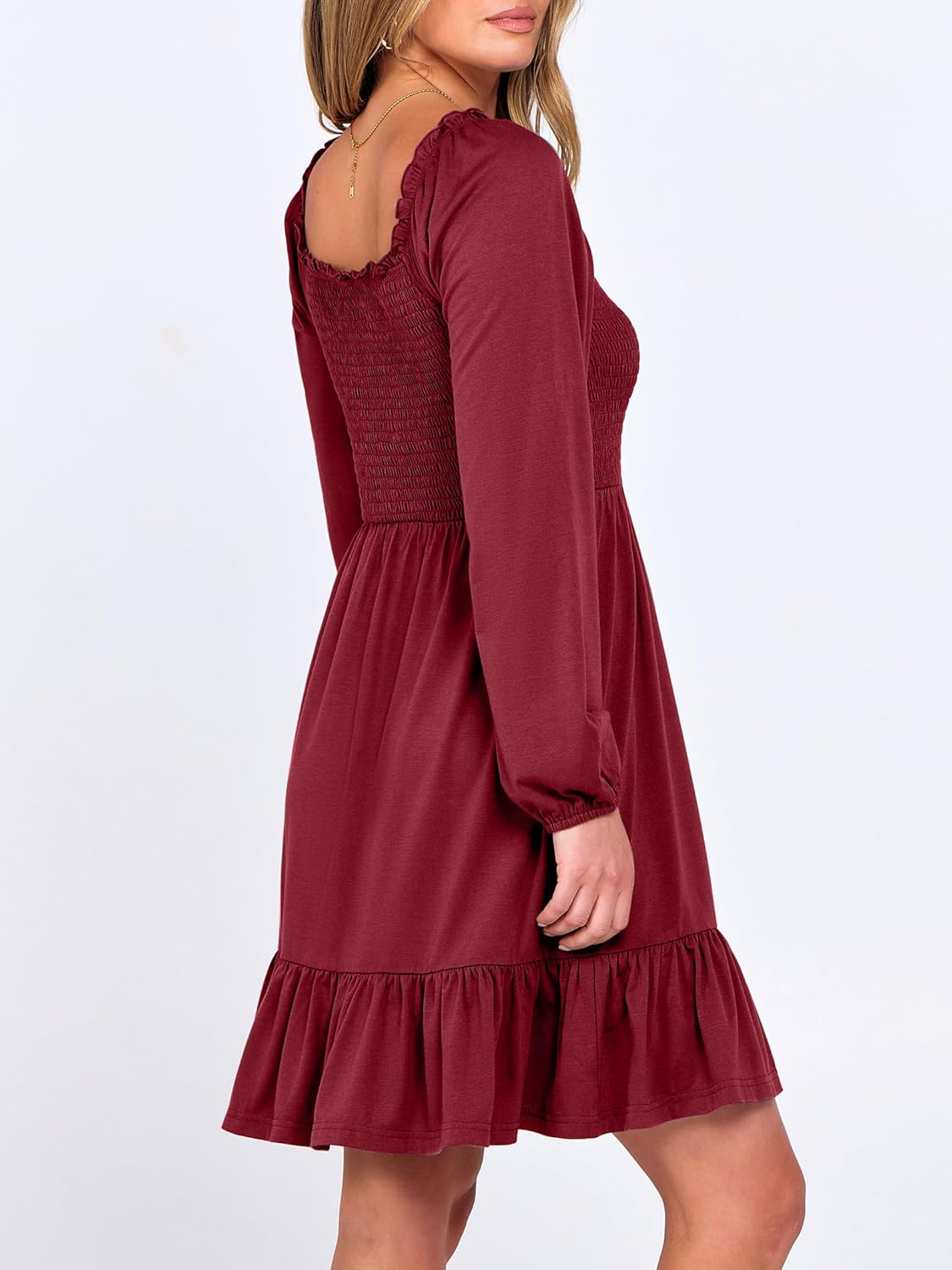 Womens Long Lantern Sleeve Square Neck Dress Smocked Tiered High Waist Ruffle Flowy Swing 2025