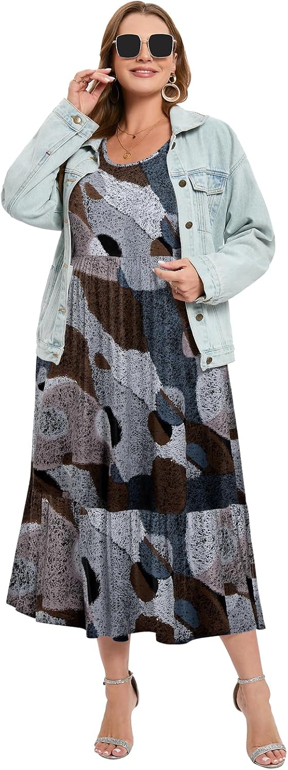 LARACE Plus Size Dresses for Women Summer Casual Short Sleeve Long Dress Flowy Maxi Beach Dresses with Pockets L-6XL