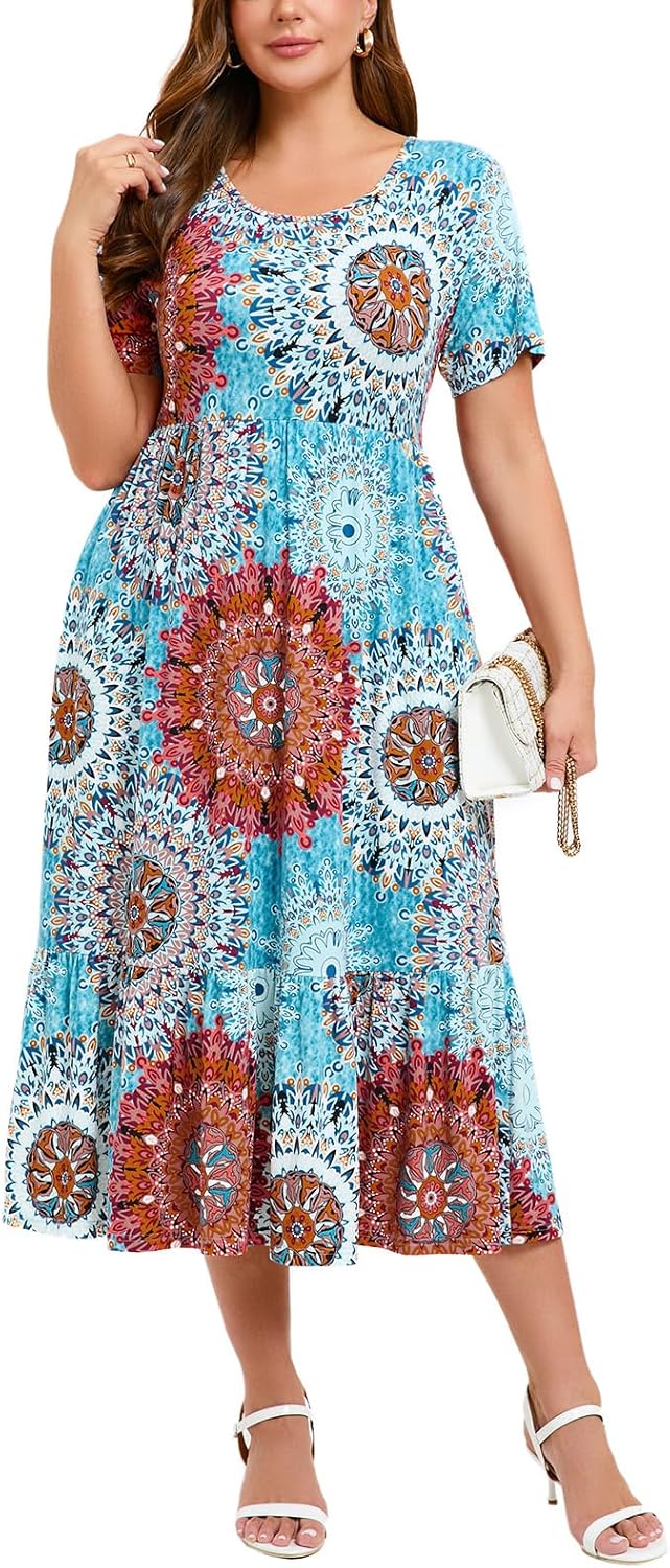 LARACE Plus Size Dresses for Women Summer Casual Short Sleeve Long Dress Flowy Maxi Beach Dresses with Pockets L-6XL
