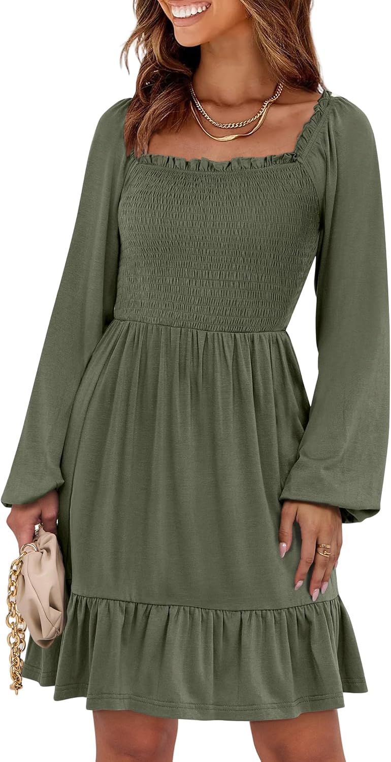 Womens Long Lantern Sleeve Square Neck Dress Smocked Tiered High Waist Ruffle Flowy Swing 2025