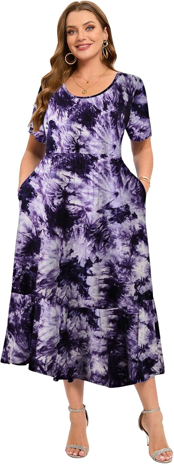LARACE Plus Size Dresses for Women Summer Casual Short Sleeve Long Dress Flowy Maxi Beach Dresses with Pockets L-6XL