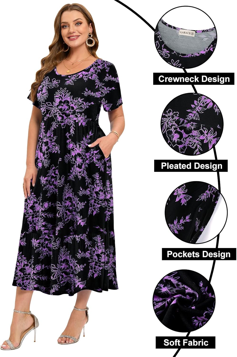 LARACE Plus Size Dresses for Women Summer Casual Short Sleeve Long Dress Flowy Maxi Beach Dresses with Pockets L-6XL