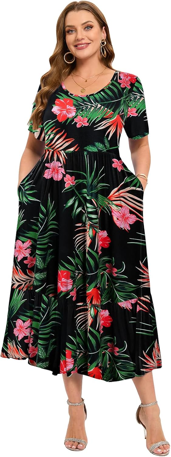 LARACE Plus Size Dresses for Women Summer Casual Short Sleeve Long Dress Flowy Maxi Beach Dresses with Pockets L-6XL