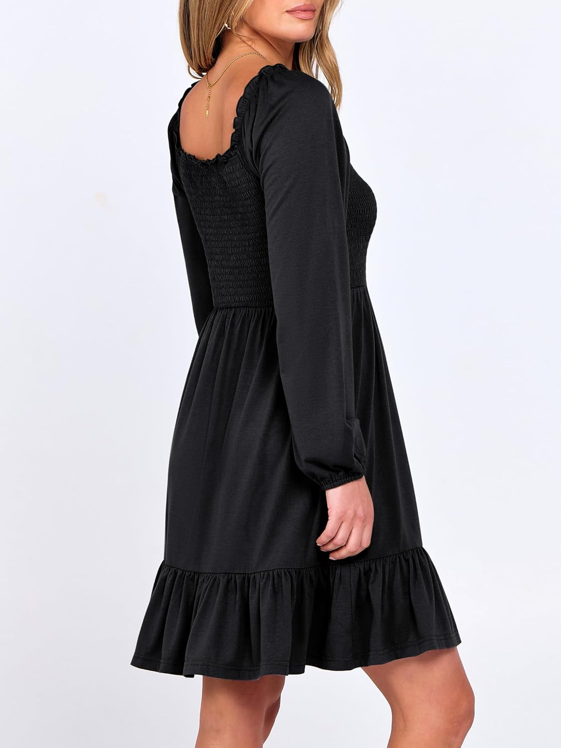 Womens Long Lantern Sleeve Square Neck Dress Smocked Tiered High Waist Ruffle Flowy Swing 2025