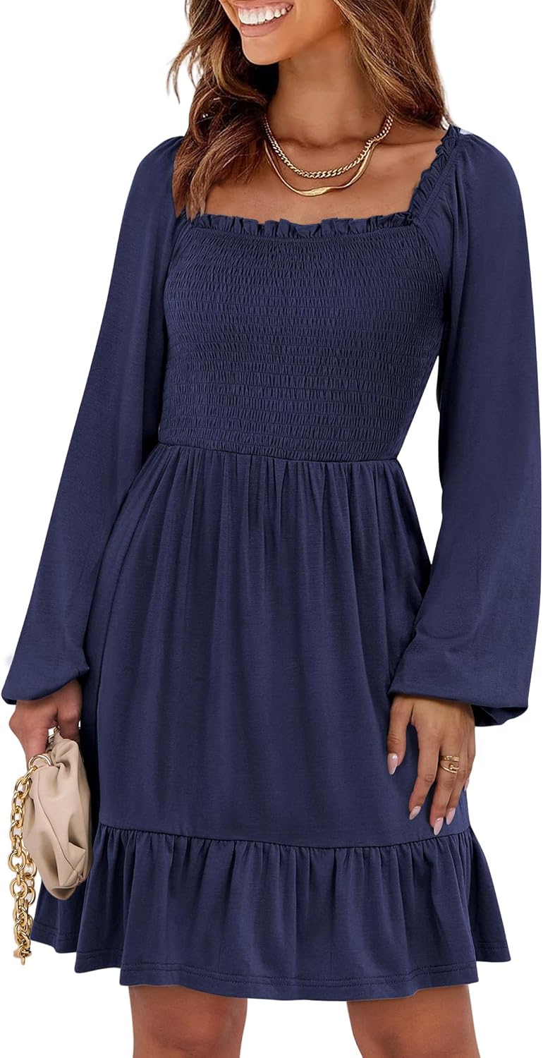 Womens Long Lantern Sleeve Square Neck Dress Smocked Tiered High Waist Ruffle Flowy Swing 2025
