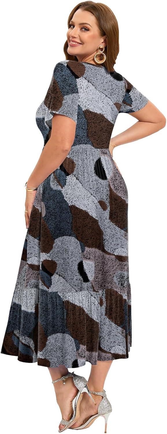 LARACE Plus Size Dresses for Women Summer Casual Short Sleeve Long Dress Flowy Maxi Beach Dresses with Pockets L-6XL