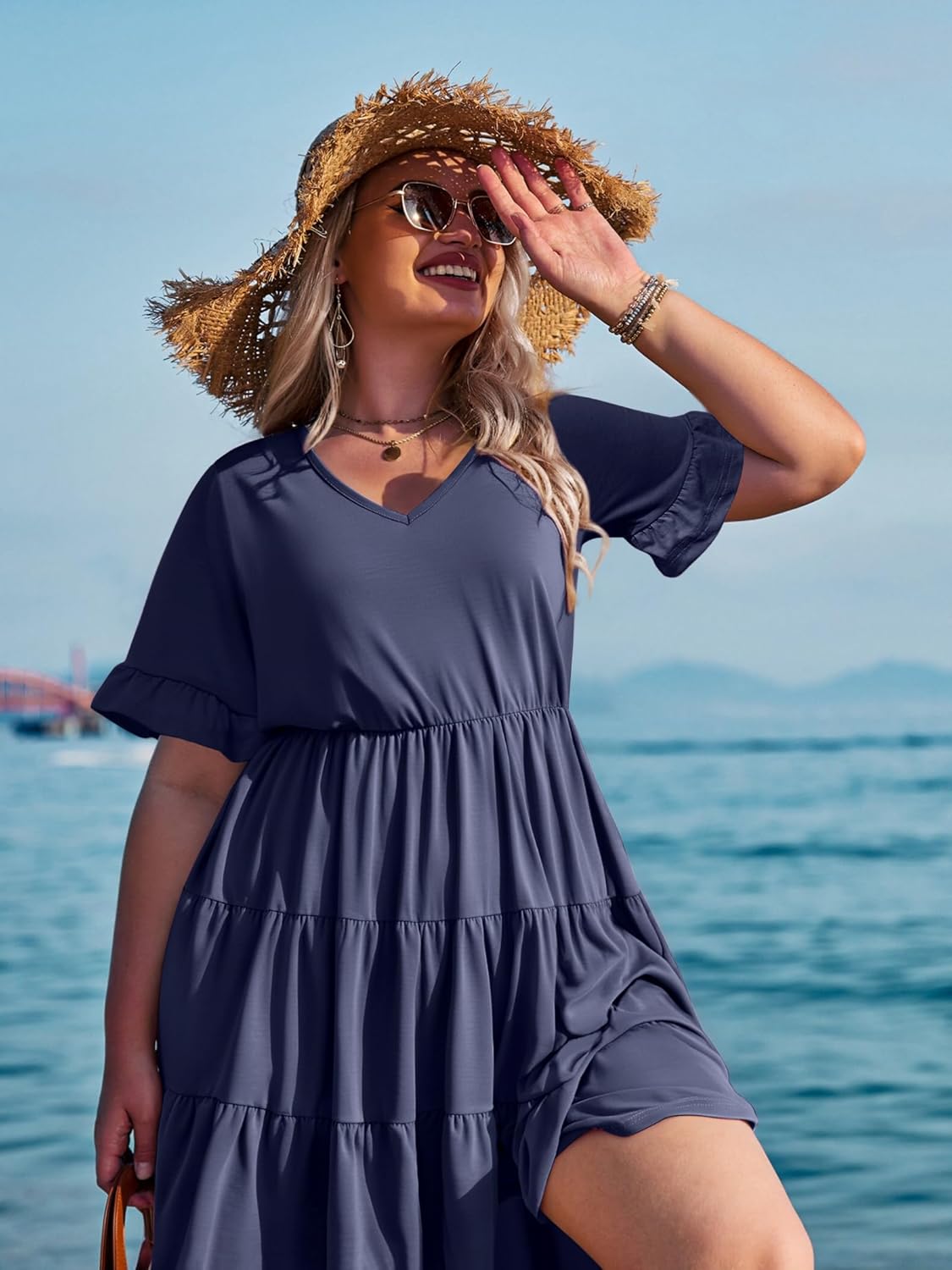 Womens Plus Size Short Sleeve Dress Summer Midi Casual Tiered V-Neck Aline Flowy Loose Dresses