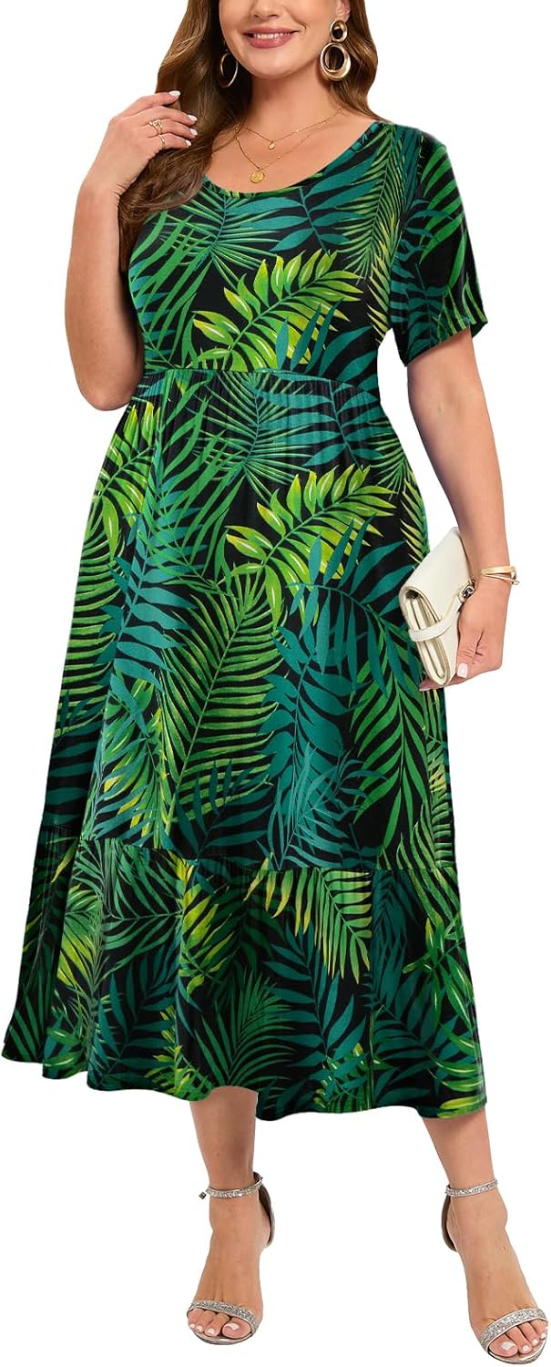 LARACE Plus Size Dresses for Women Summer Casual Short Sleeve Long Dress Flowy Maxi Beach Dresses with Pockets L-6XL