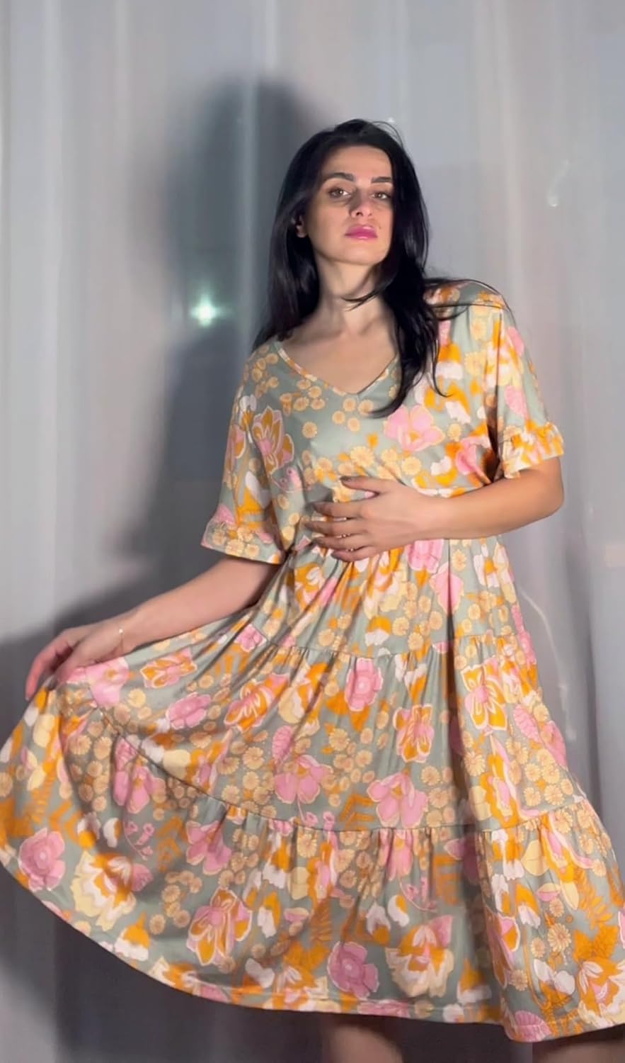 Womens Plus Size Short Sleeve Dress Summer Midi Casual Tiered V-Neck Aline Flowy Loose Dresses