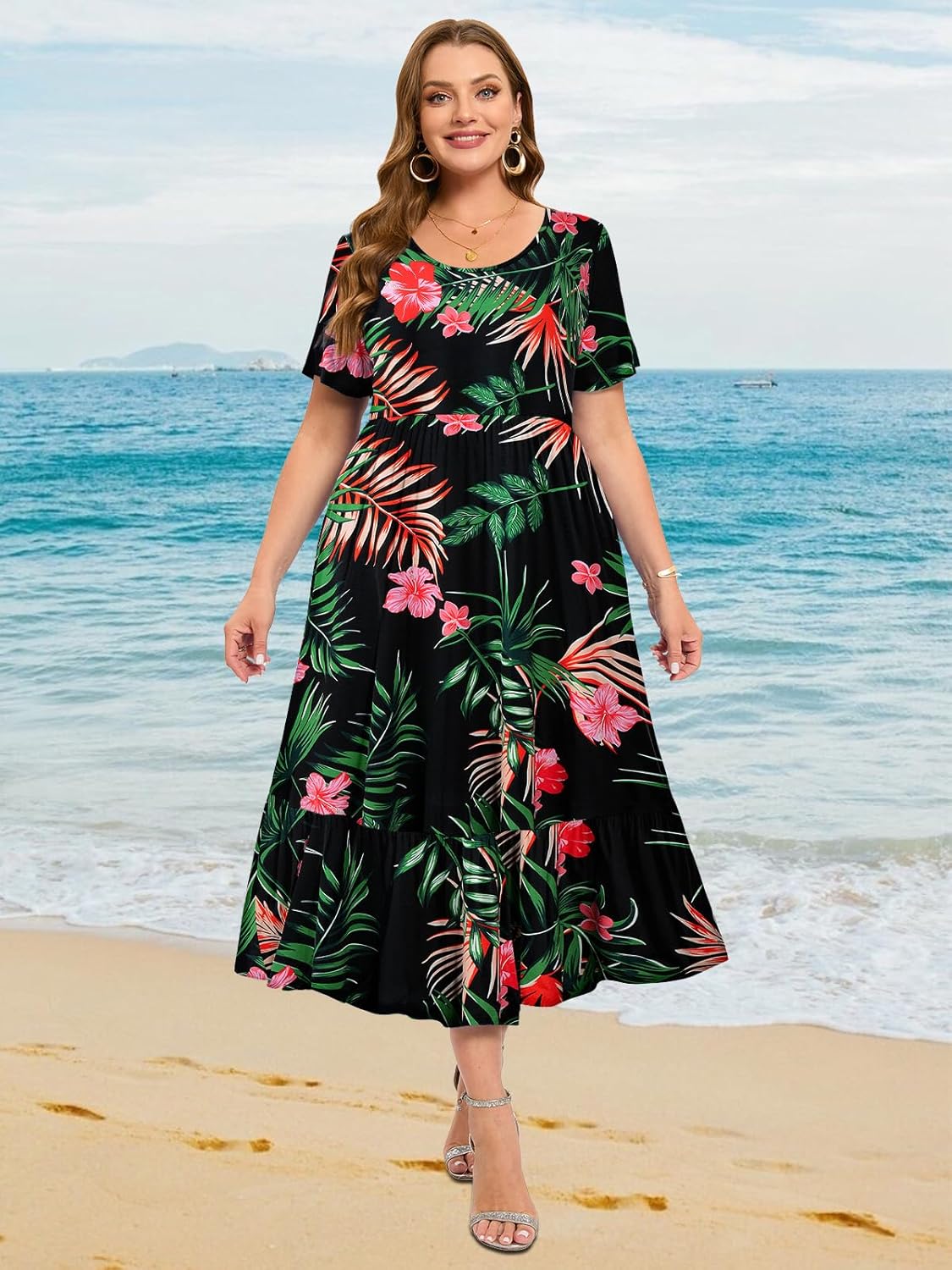 LARACE Plus Size Dresses for Women Summer Casual Short Sleeve Long Dress Flowy Maxi Beach Dresses with Pockets L-6XL