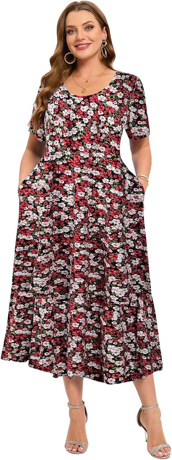 LARACE Plus Size Dresses for Women Summer Casual Short Sleeve Long Dress Flowy Maxi Beach Dresses with Pockets L-6XL