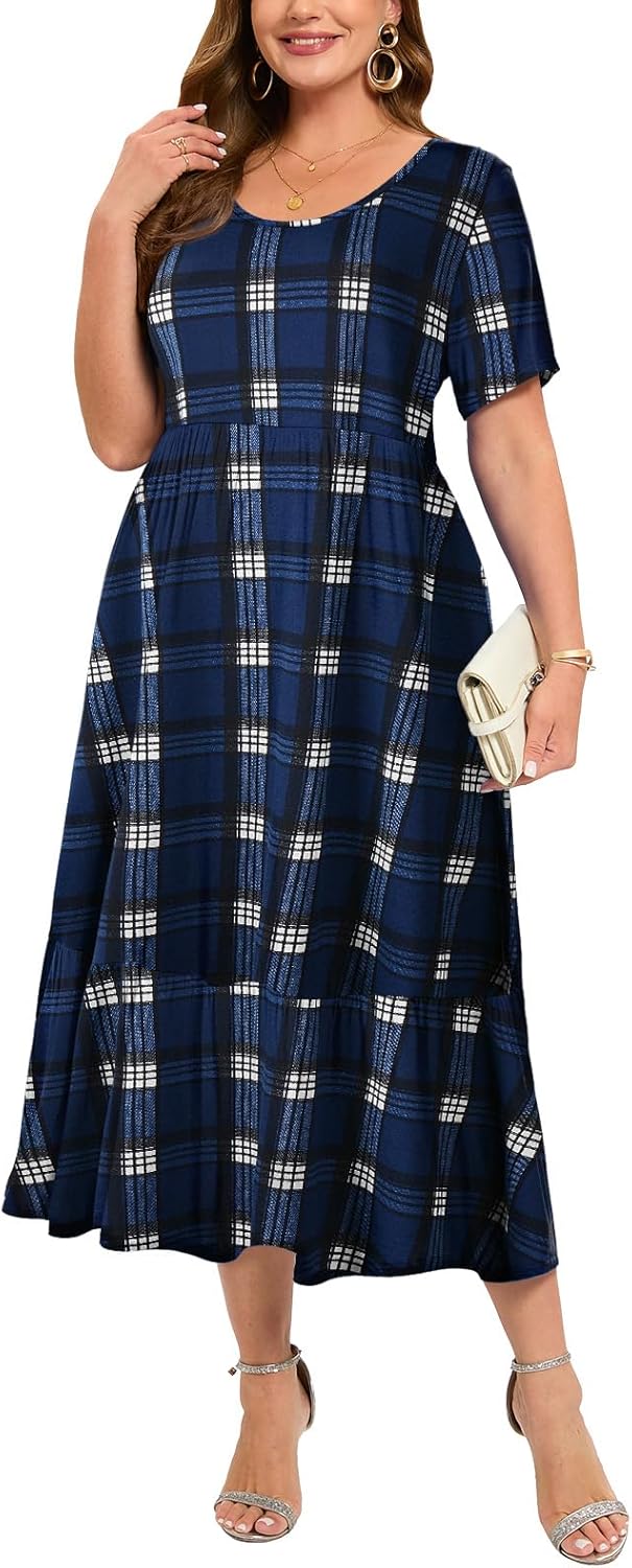 LARACE Plus Size Dresses for Women Summer Casual Short Sleeve Long Dress Flowy Maxi Beach Dresses with Pockets L-6XL