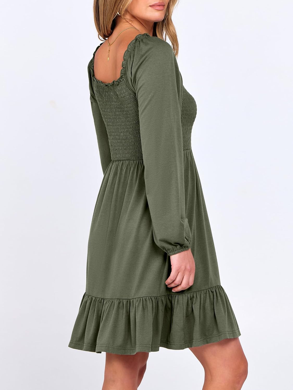 Womens Long Lantern Sleeve Square Neck Dress Smocked Tiered High Waist Ruffle Flowy Swing 2025