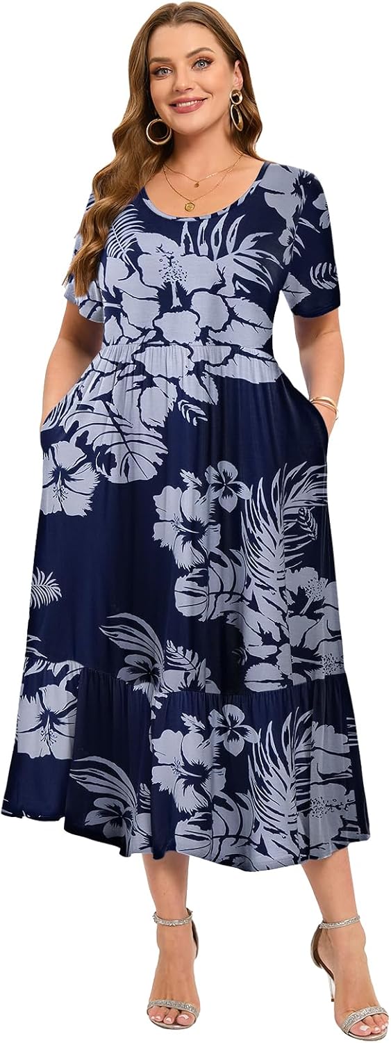 LARACE Plus Size Dresses for Women Summer Casual Short Sleeve Long Dress Flowy Maxi Beach Dresses with Pockets L-6XL