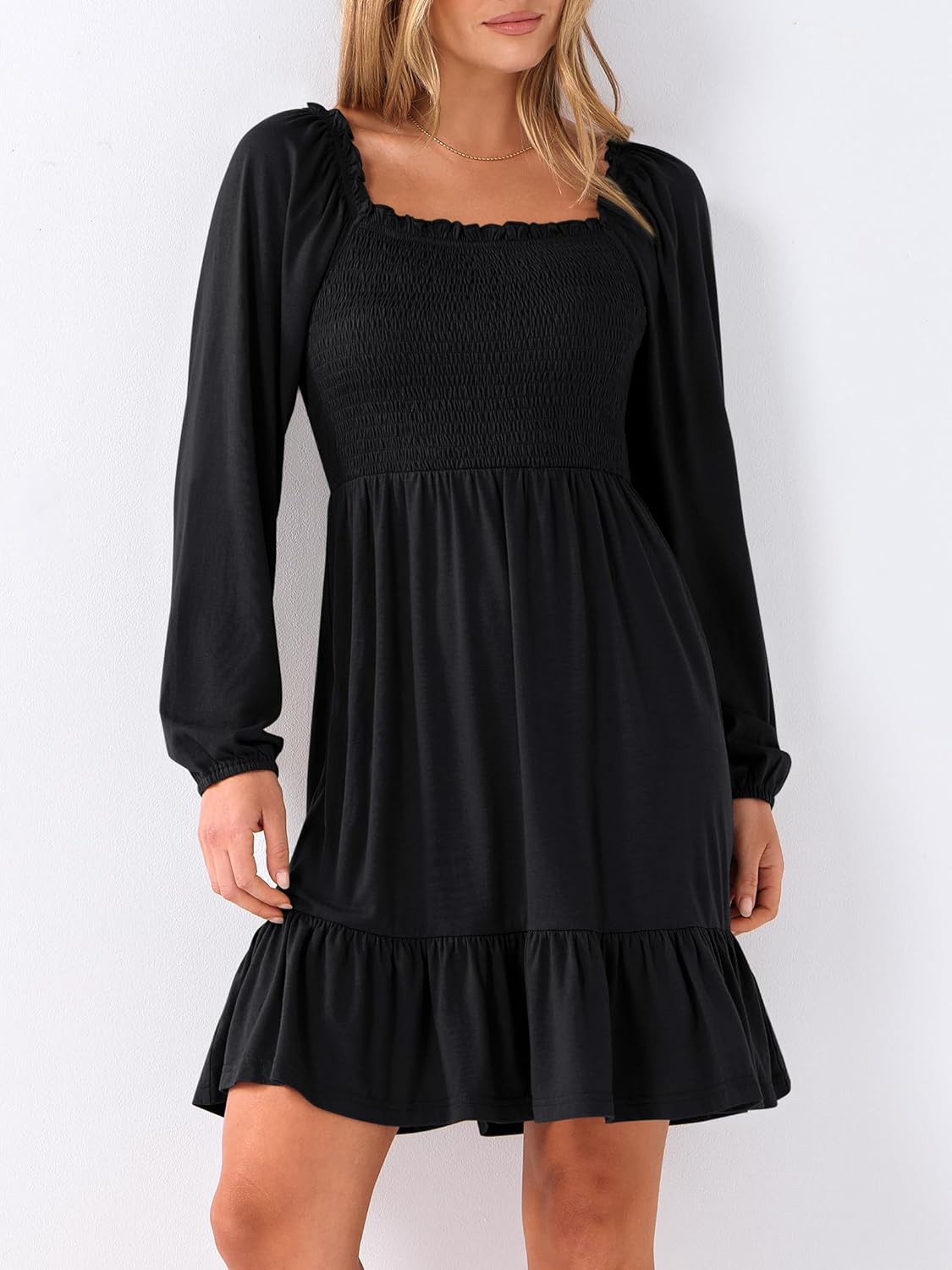 Womens Long Lantern Sleeve Square Neck Dress Smocked Tiered High Waist Ruffle Flowy Swing 2025