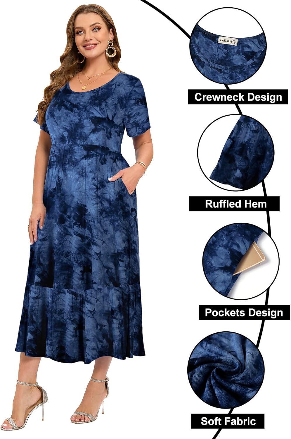 LARACE Plus Size Dresses for Women Summer Casual Short Sleeve Long Dress Flowy Maxi Beach Dresses with Pockets L-6XL