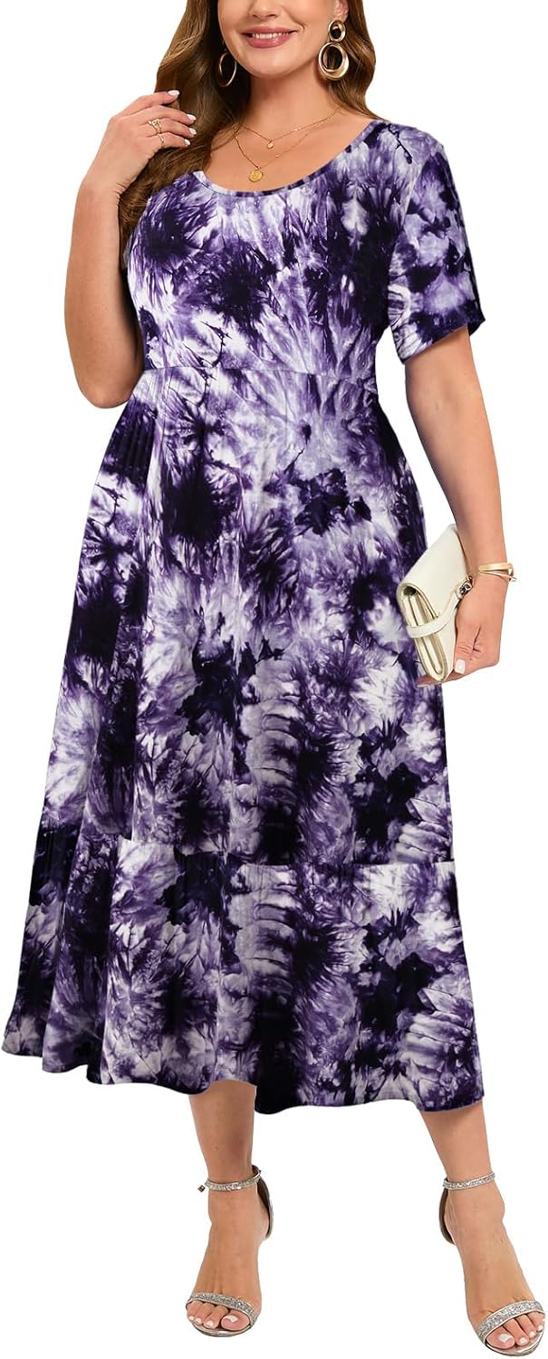 LARACE Plus Size Dresses for Women Summer Casual Short Sleeve Long Dress Flowy Maxi Beach Dresses with Pockets L-6XL