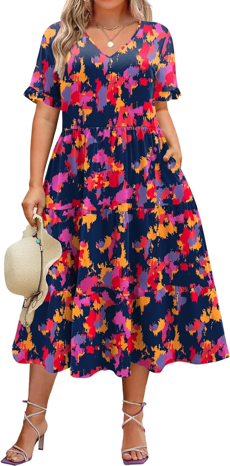 Womens Plus Size Short Sleeve Dress Summer Midi Casual Tiered V-Neck Aline Flowy Loose Dresses