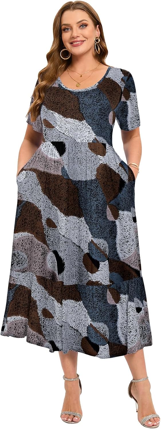 LARACE Plus Size Dresses for Women Summer Casual Short Sleeve Long Dress Flowy Maxi Beach Dresses with Pockets L-6XL