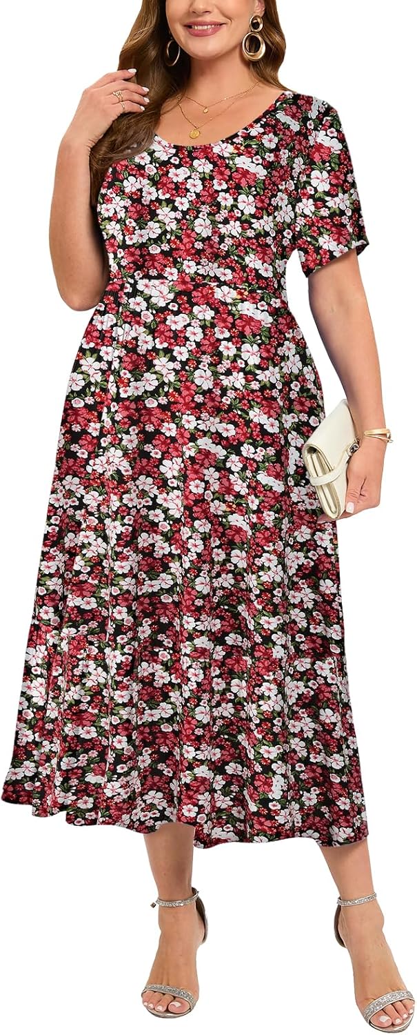 LARACE Plus Size Dresses for Women Summer Casual Short Sleeve Long Dress Flowy Maxi Beach Dresses with Pockets L-6XL