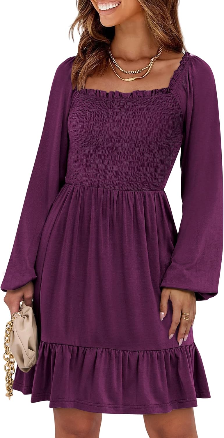 Womens Long Lantern Sleeve Square Neck Dress Smocked Tiered High Waist Ruffle Flowy Swing 2025