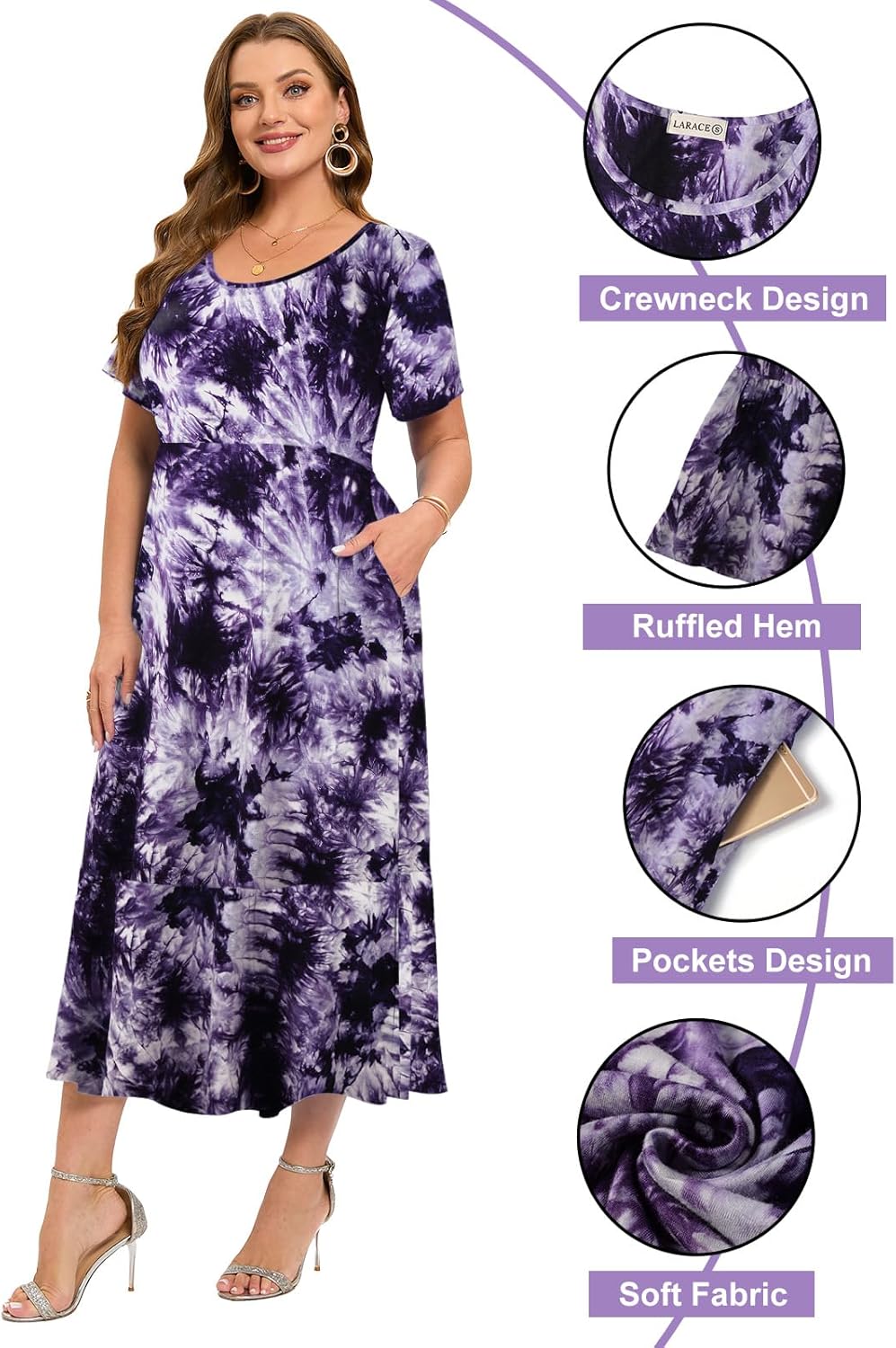 LARACE Plus Size Dresses for Women Summer Casual Short Sleeve Long Dress Flowy Maxi Beach Dresses with Pockets L-6XL