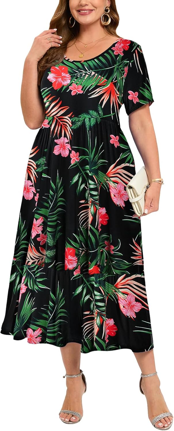 LARACE Plus Size Dresses for Women Summer Casual Short Sleeve Long Dress Flowy Maxi Beach Dresses with Pockets L-6XL