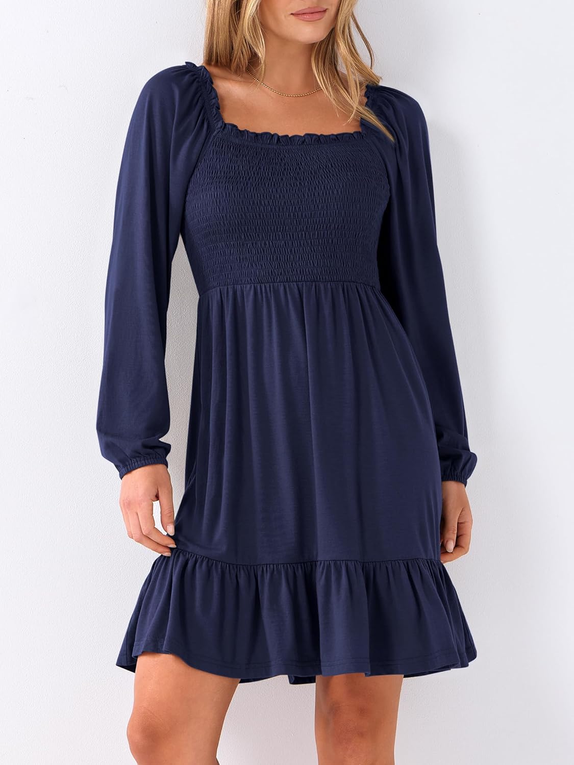 Womens Long Lantern Sleeve Square Neck Dress Smocked Tiered High Waist Ruffle Flowy Swing 2025