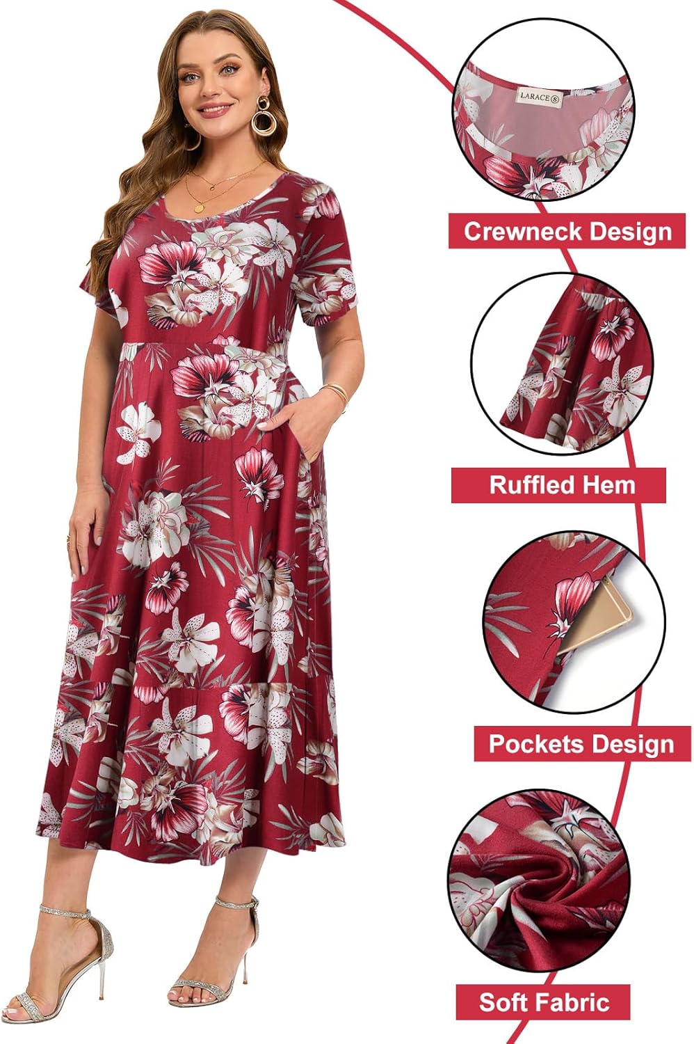 LARACE Plus Size Dresses for Women Summer Casual Short Sleeve Long Dress Flowy Maxi Beach Dresses with Pockets L-6XL
