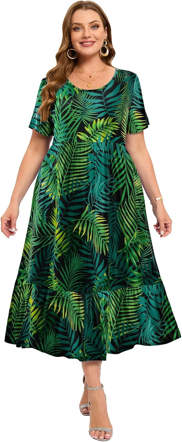 LARACE Plus Size Dresses for Women Summer Casual Short Sleeve Long Dress Flowy Maxi Beach Dresses with Pockets L-6XL