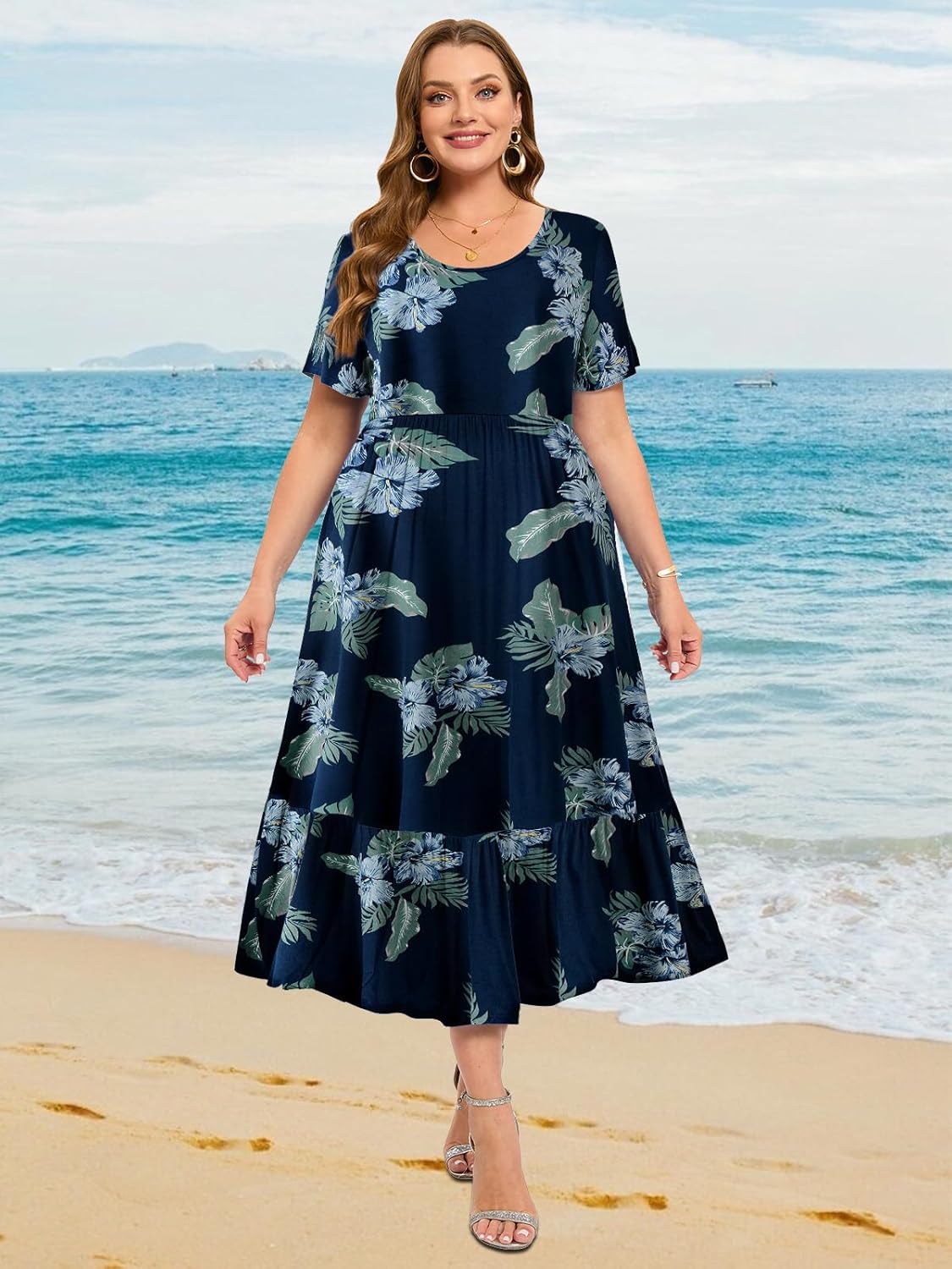 LARACE Plus Size Dresses for Women Summer Casual Short Sleeve Long Dress Flowy Maxi Beach Dresses with Pockets L-6XL