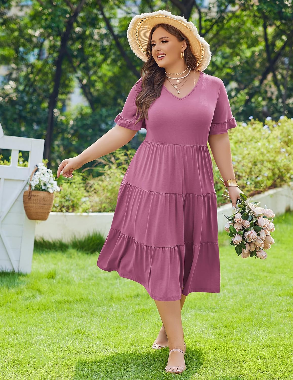 Womens Plus Size Short Sleeve Dress Summer Midi Casual Tiered V-Neck Aline Flowy Loose Dresses