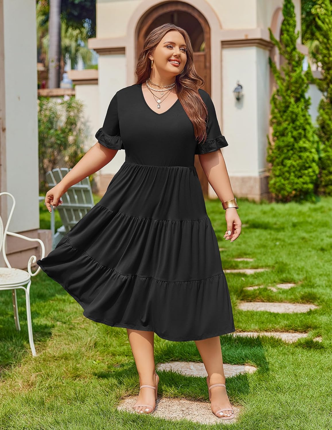 Womens Plus Size Short Sleeve Dress Summer Midi Casual Tiered V-Neck Aline Flowy Loose Dresses