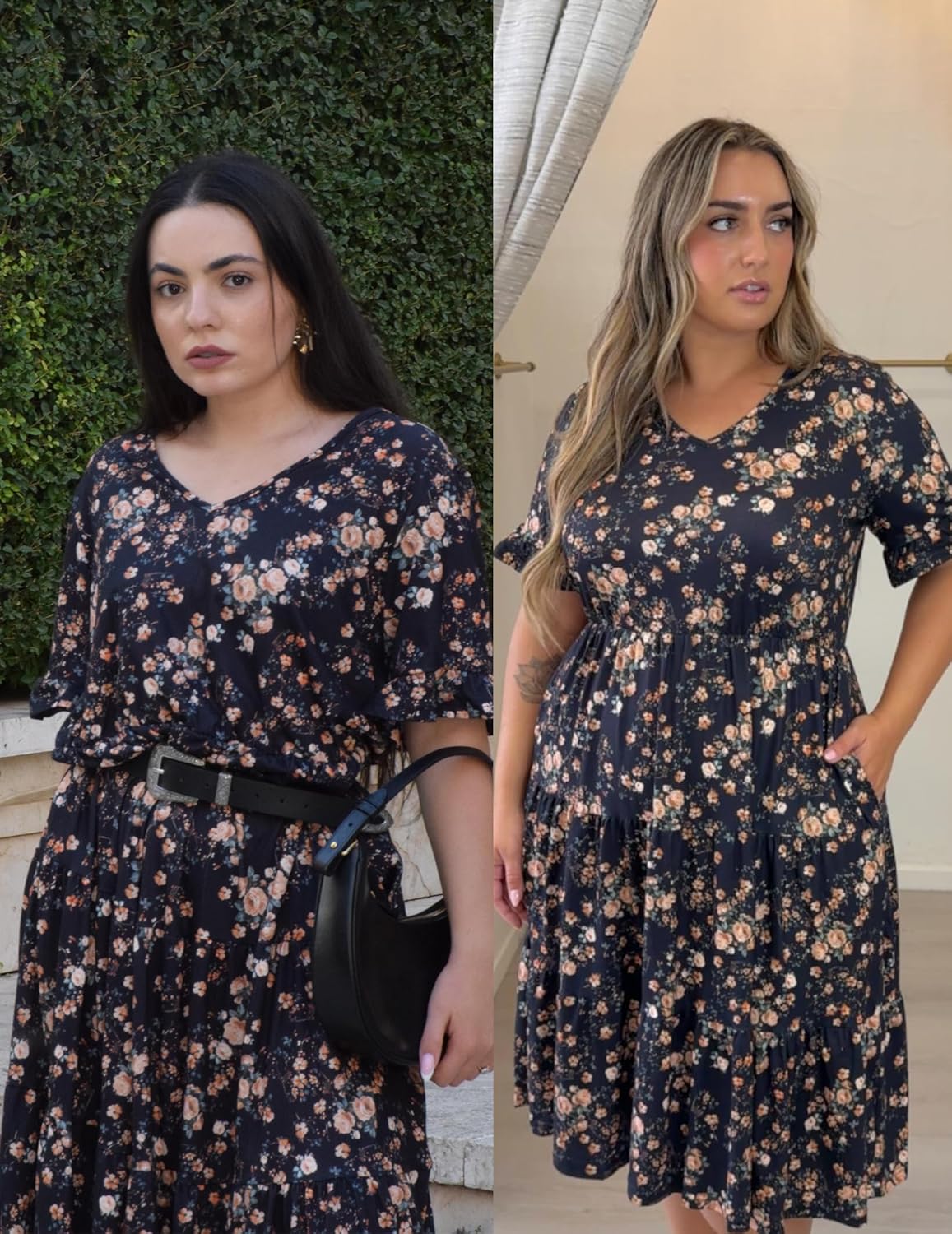 Womens Plus Size Short Sleeve Dress Summer Midi Casual Tiered V-Neck Aline Flowy Loose Dresses