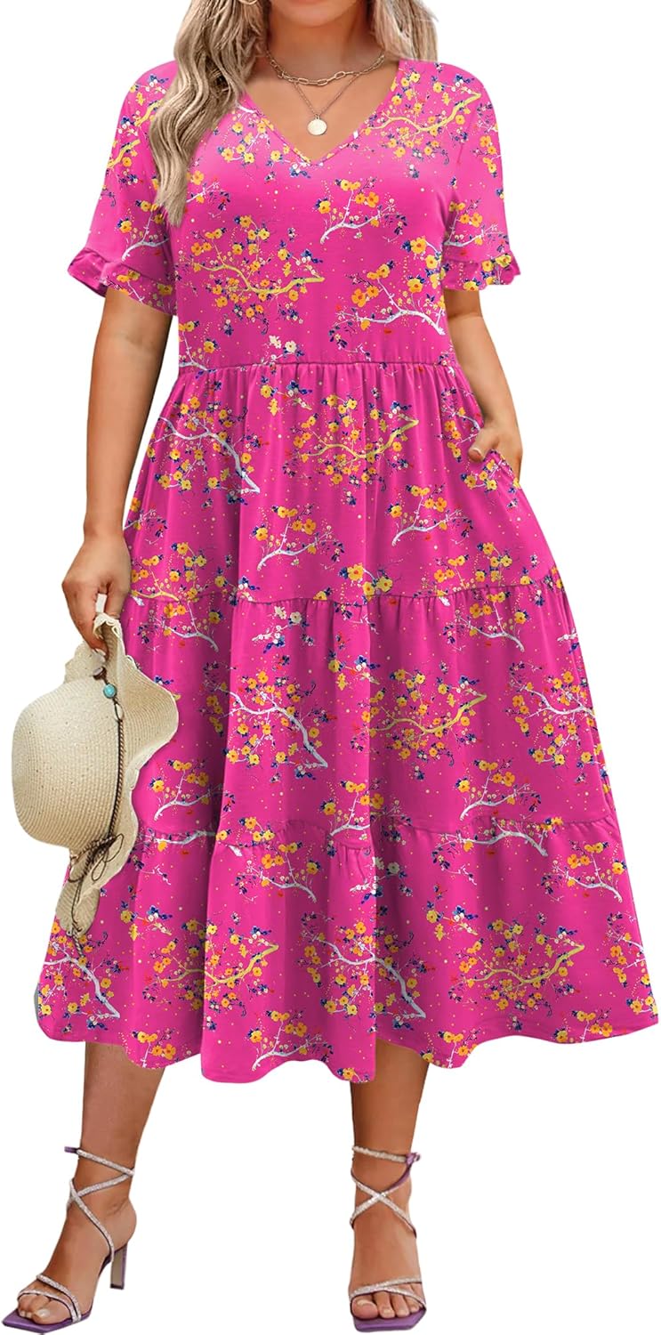 Womens Plus Size Short Sleeve Dress Summer Midi Casual Tiered V-Neck Aline Flowy Loose Dresses