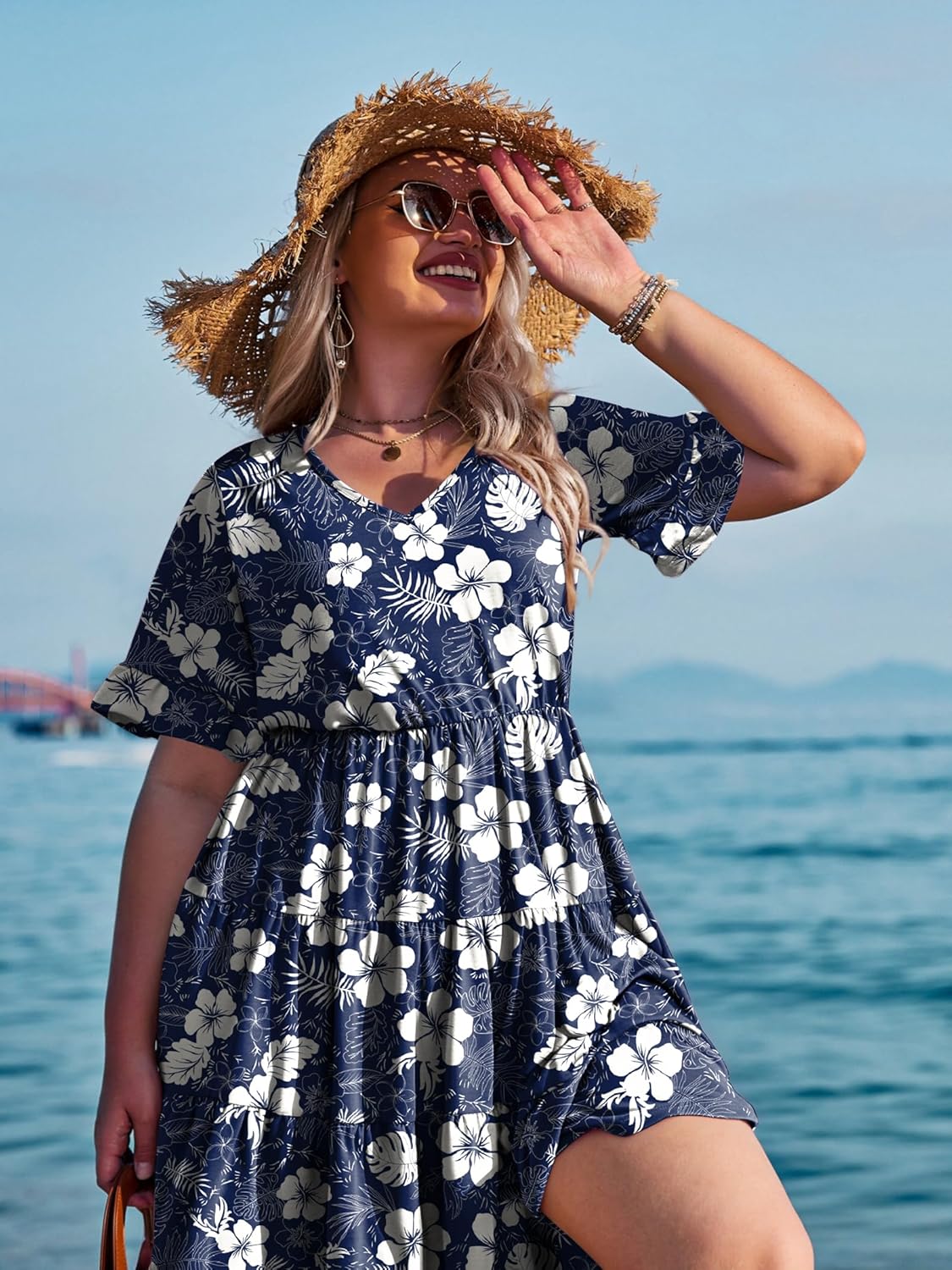 Womens Plus Size Short Sleeve Dress Summer Midi Casual Tiered V-Neck Aline Flowy Loose Dresses