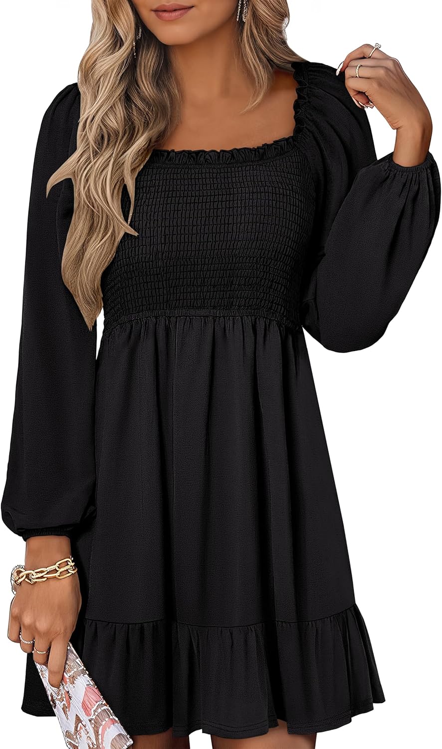 Womens Long Lantern Sleeve Square Neck Dress Smocked Tiered High Waist Ruffle Flowy Swing 2025