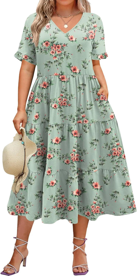 Womens Plus Size Short Sleeve Dress Summer Midi Casual Tiered V-Neck Aline Flowy Loose Dresses