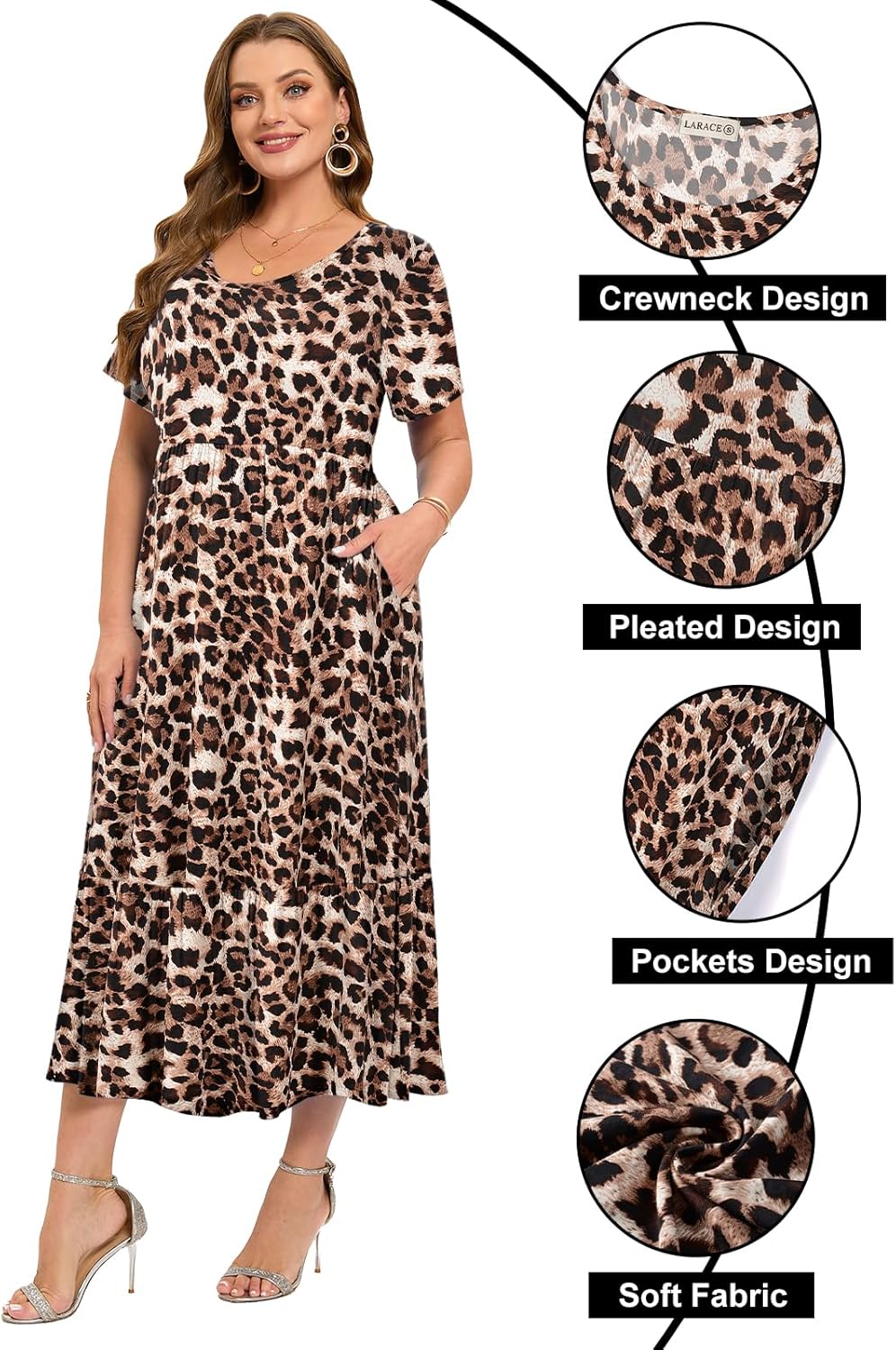 LARACE Plus Size Dresses for Women Summer Casual Short Sleeve Long Dress Flowy Maxi Beach Dresses with Pockets L-6XL