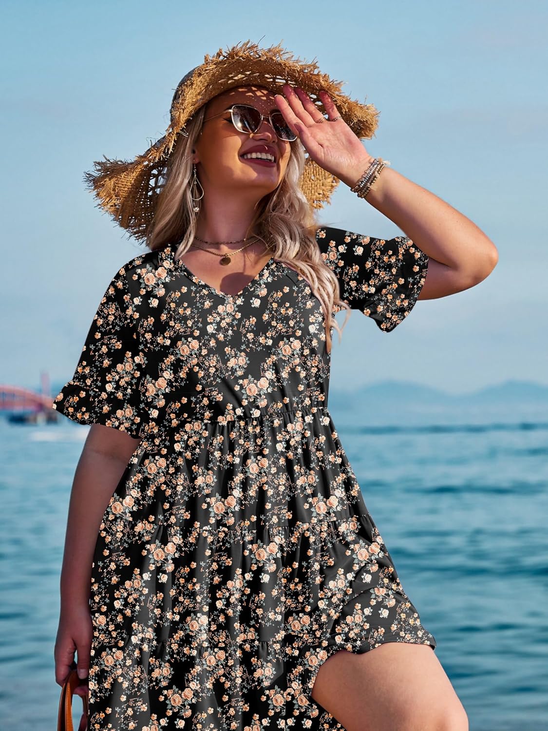 Womens Plus Size Short Sleeve Dress Summer Midi Casual Tiered V-Neck Aline Flowy Loose Dresses