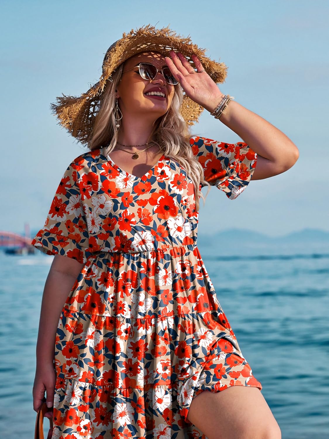 Womens Plus Size Short Sleeve Dress Summer Midi Casual Tiered V-Neck Aline Flowy Loose Dresses